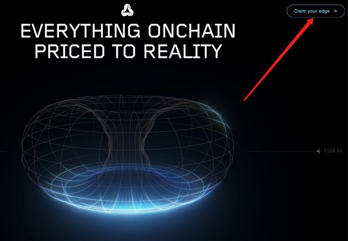 A dark promotional graphic featuring a glowing blue wireframe torus with the text "EVERYTHING ONCHAIN PRICED TO REALITY" and a "Claim your edge →" button in the top right (highlighted by a red arrow), which is being marketed as an early airdrop whitelist opportunity for the @metricxyz perpetual futures project.