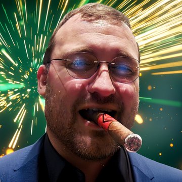 A digitally altered humorous image of a man with glasses smiling while holding a lit cigar in his mouth, set against a vibrant background of fireworks and colorful lights.