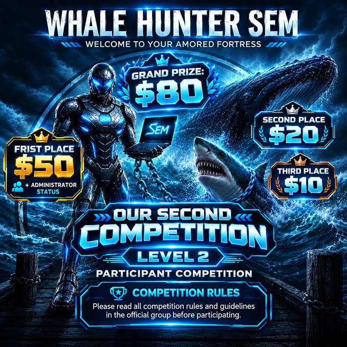 A promotional graphic for 'WHALE HUNTER SEM' advertising a competition with a Grand Prize of $80, First Place $50 + Administrator Status, Second Place $20, and Third Place $10, featuring an armored figure and sharks.