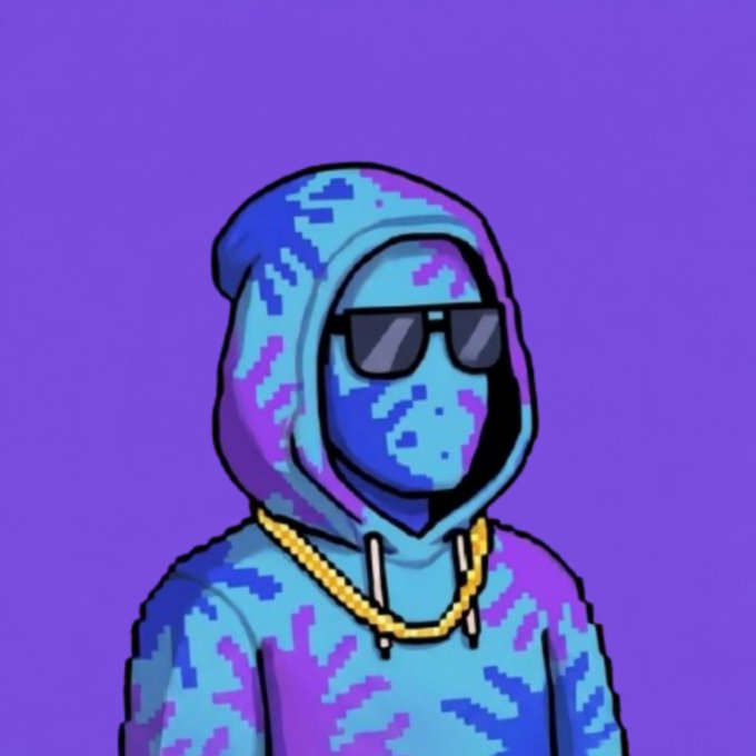A digital art portrait of a hooded figure in pixelated blue and purple clothing, wearing sunglasses and a gold chain against a purple background.
