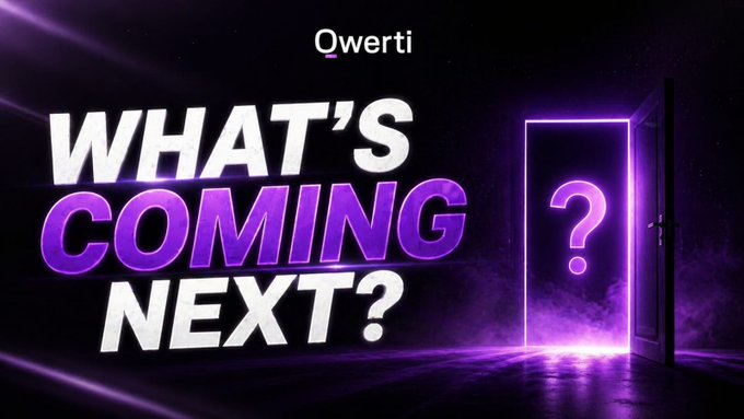 A promotional graphic with bold purple and white text reading 'WHAT'S COMING NEXT?' next to a glowing door with a question mark, branded 'Qwerti' at the top.