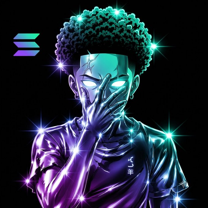 A digital illustration of a glowing figure with an afro and metallic body covering their face with one hand, featuring a Solana logo on the left side.