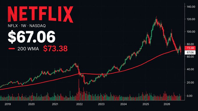 A stock chart for Netflix (NFLX) on NASDAQ showing a price of $67.06 below its 200-week moving average of $73.38, spanning from 2019 to 2026.