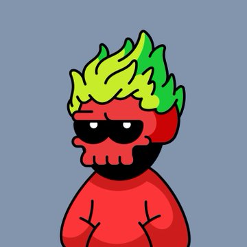 Simple 2D cartoon illustration of a red-headed character with green flame-like hair, a beard, and black sunglasses against a plain gray background.