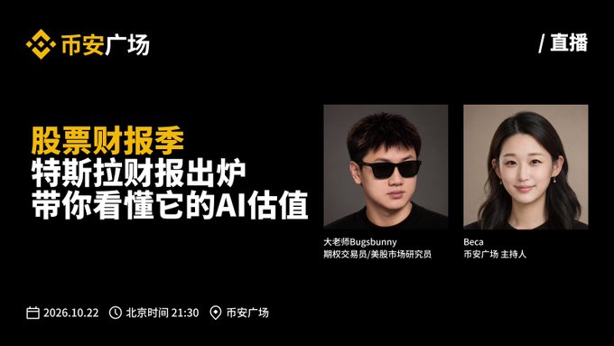 A Binance Square live stream promo for "股票财报季: 特斯拉财报出炉 带你看懂它的AI估值" (Stock Earnings Season: Tesla Earnings Released, Helping You Understand Its AI Valuation), scheduled for October 22, 2026 at 21:30 Beijing time, featuring guests "大老师Bugsbunny" (Options Trader/Equity Market Researcher) and host "Beca."