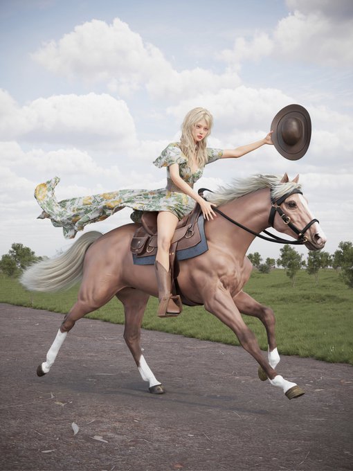 A blonde woman in a flowing floral dress rides sidesaddle on a galloping palomino, playfully holding out a wide-brimmed brown hat against a bright, cloudy sky—embodying the "Gallop Queen" persona of bold, unhindered momentum toward destiny. The caption highlights the on-chain provenance text "0.08 ETH transient.xyz/nfts/ether" framing the piece as a daring NFT collectible.
