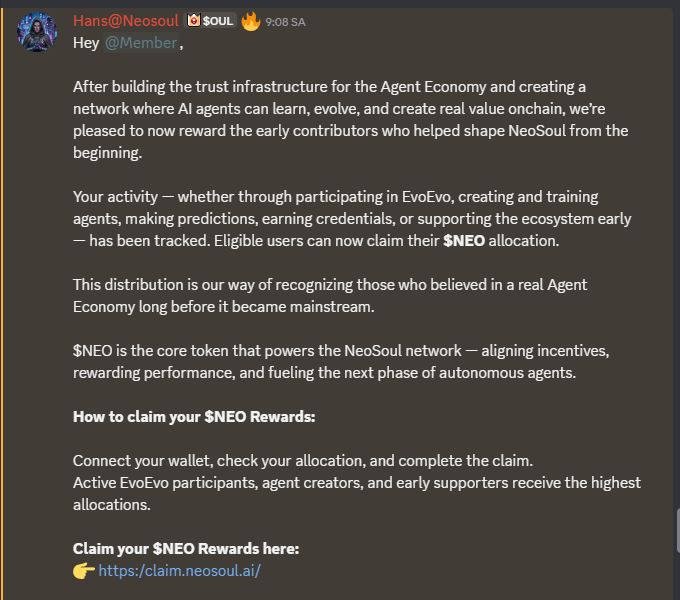 Discord message from Hans@Neosoul announcing the start of $NEO token rewards distribution for early contributors to the NeoSoul Agent Economy network, with a link to claim at https://claim.neosoul.ai.