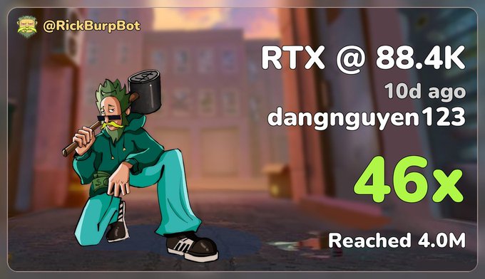 A Roblox character with green hair wearing a teal outfit and carrying a hammer, overlaid with text reading '@RickBurpBot', 'RTX @ 88.4K', '10d ago', 'dangnguyen123', '46x', and 'Reached 4.0M'.
