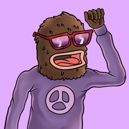 A cartoon furry character wearing red sunglasses and a purple shirt with a peace symbol raises a fist, set against a light purple background.