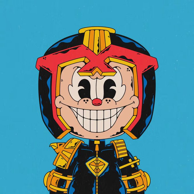 A cartoon illustration featuring a stylized character with a Mickey Mouse-like face, an oversized grin, and a red and black futuristic helmet or headpiece against a solid blue background.
