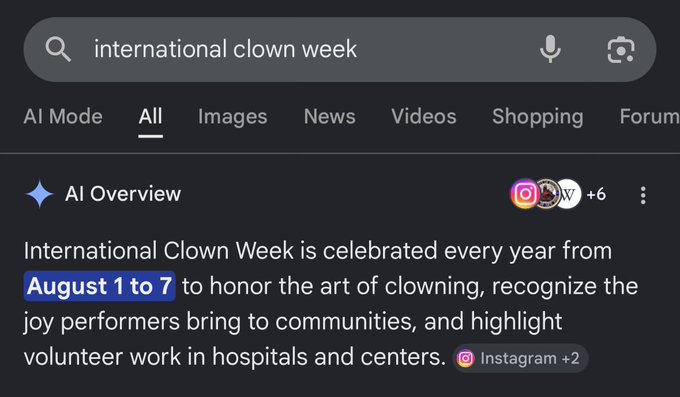 A Google search results page displays an AI Overview for 'international clown week,' stating that the holiday is celebrated every year from August 1 to 7 to honor the art of clowning.