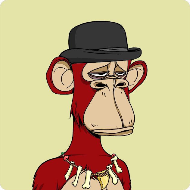 A digital illustration of a red-furred ape character wearing a black bowler hat and a bone necklace, featuring a sad, droopy-eyed expression against a pale yellow background.