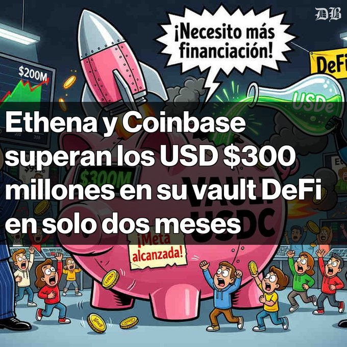 A Spanish-language graphic with Spanish text stating "Ethena y Coinbase superan los USD $300 millones en su vault DeFi en solo dos meses", featuring a pink piggy bank illustration asking for more financing.