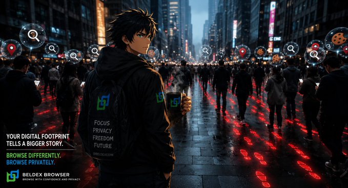 A 'Bedeox Browser' advertisement showing an anime-style character in a city street with the tagline 'YOUR DIGITAL FOOTPRINT TELLS A BIGGER STORY. BROWSE DIFFERENTLY. BROWSE PRIVATELY.'