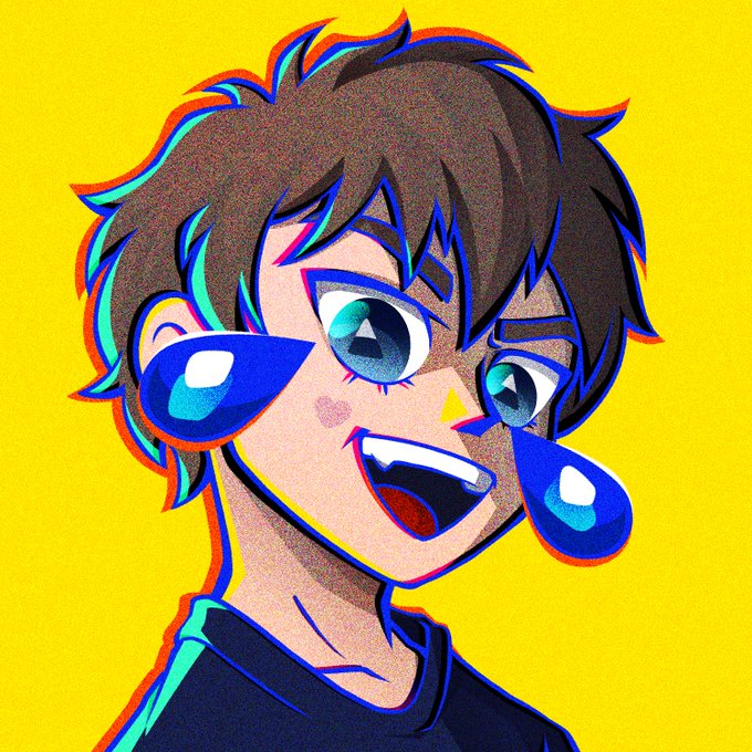 An anime-style illustration of a young person with brown hair crying exaggeratedly with large blue anime tears, smiling widely against a bright yellow background with a chromatic aberration effect.