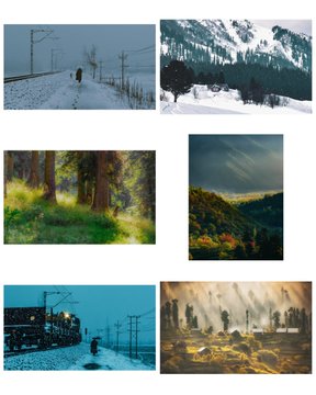 A collage of six various landscape photographs showing scenes including snowy mountains, a forest, and what appears to be an ancient city with fog.