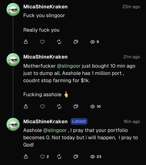A series of angry social media comments from user 'MicaShineKraken' directed at '@slingoor', accusing them of buying in just to dump and wishing their portfolio becomes zero.
