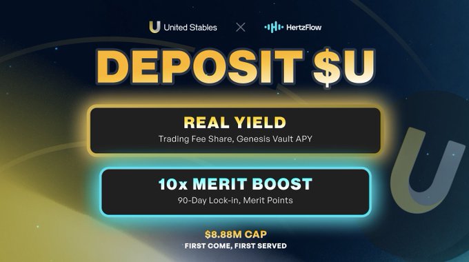 A graphic promoting the United Stables ($U) × HertzFlow Genesis Vault deposit campaign, highlighting a 10x Merit Boost with a 90-day lock-in and an $8.88M first-come, first-served cap on real yield from trading fee share.