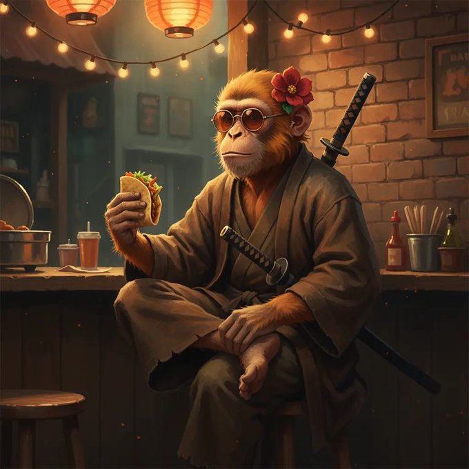 An artistic illustration of a samurai monkey wearing sunglasses and a flower in its hair, sitting in a lantern-lit setting while eating a taco, with a katana at its side.