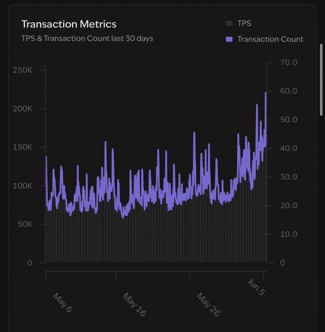 The image shows a bar graph of transaction counts for transactions made between May 1st through May 31st, with a purple line representing payment processor TPS. The graph peaks at 40K. This indicates that there were most transactions during this period on May 31st when the TPS peaked.