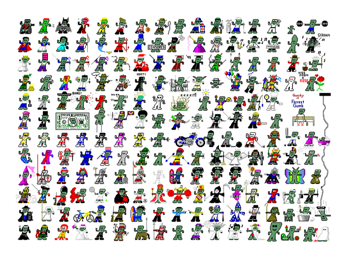 A dense collage of hundreds of small, varied cartoon character sprites in green, red, and other colors.