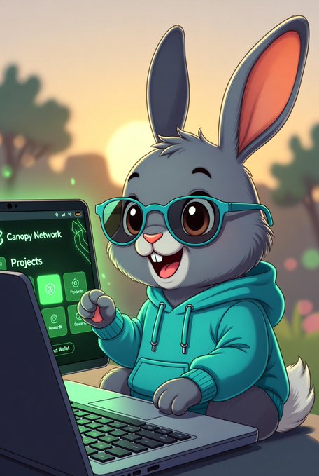 A cute cartoon bunny wearing teal glasses and a hoodie, working on a laptop displaying a "Canopy Network Projects" dashboard.