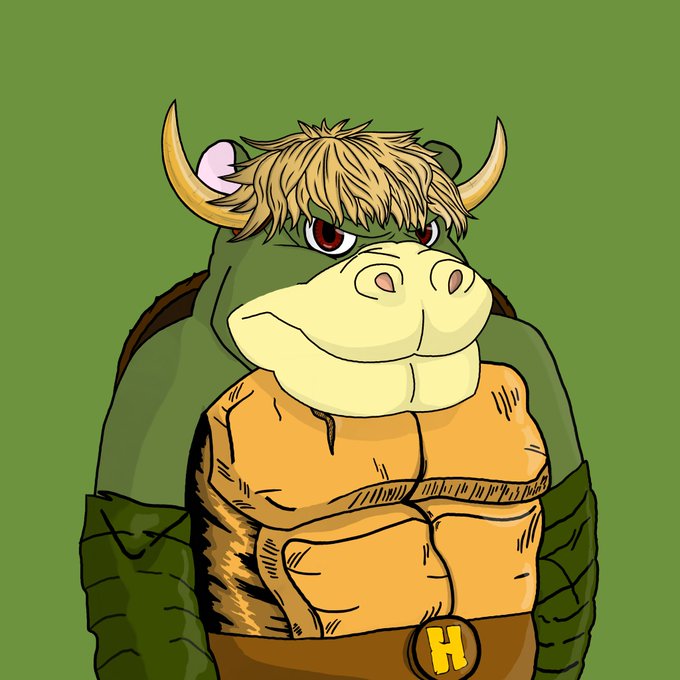 An illustration of an anime-style humanoid turtle character with green skin, blonde hair, horns, a muscular orange shell/torso, and an 'H' belt buckle on a green background.