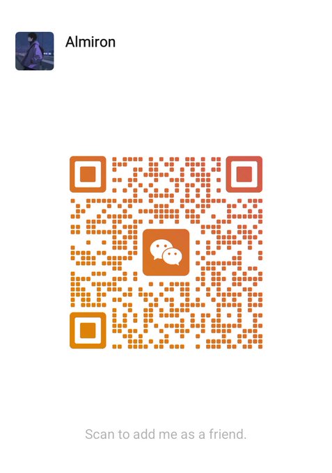 A QR code displayed for a contact named 'Almiron' invites users to scan and add as a friend on the platform.