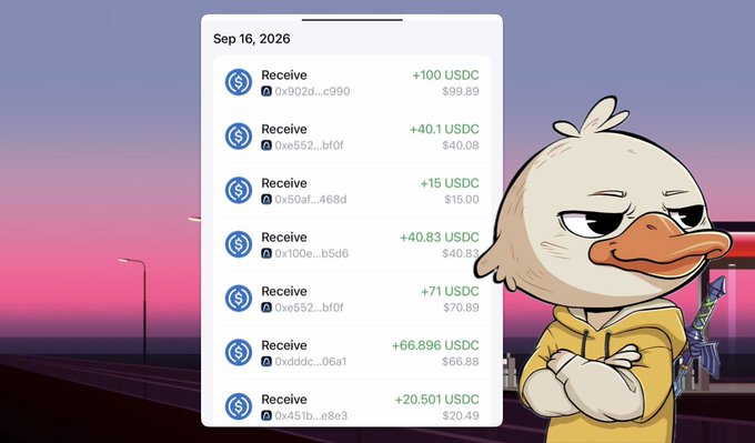A smug cartoon duck in a yellow hoodie poses beside a mobile wallet screen dated Sep 16, 2026, showing a series of USDC "Receive" transactions ranging from +15 to +100 USDC, celebrating multiple wins on the ARC Mainnet launch day and reinforcing the post's message about the rewards of being early.