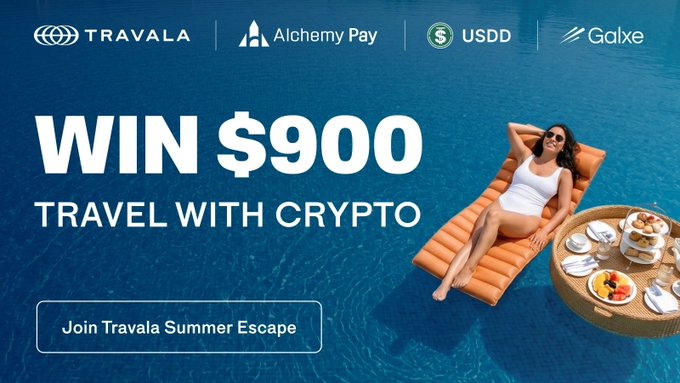 A promotional banner advertising a Travala Summer Escape giveaway offering 'WIN $900 TRAVEL WITH CRYPTO,' featuring logos for Travala, Alchemy Pay, USDD, and Galxe, alongside an image of a woman relaxing on a pool float.