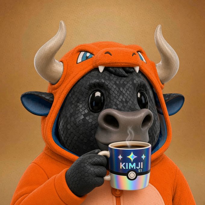 A 3D rendered character of a black bull wearing an orange Charmander hoodie, holding a steaming holographic mug that reads 'KIMJI $1'.