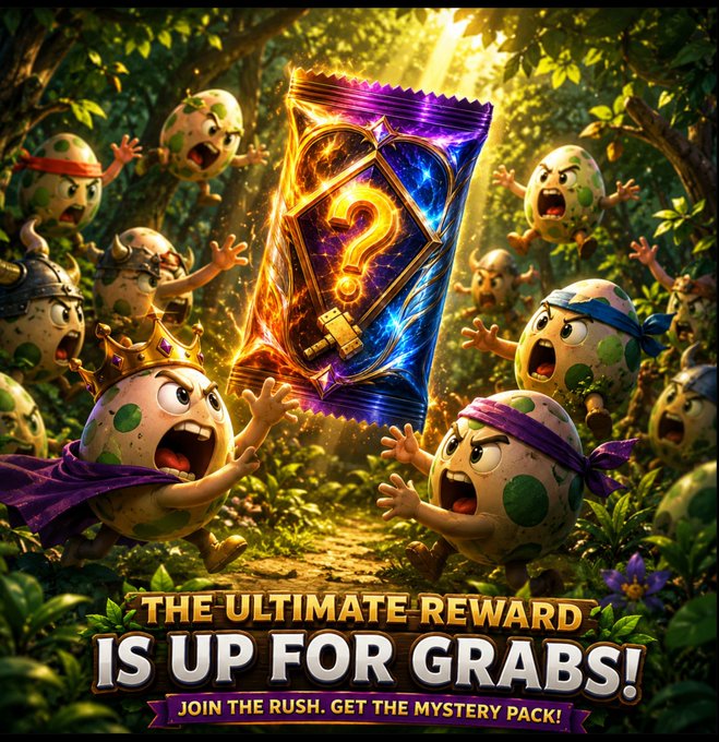 A promotional advertisement featuring cartoon egg-like characters surrounding a glowing mystery pack, with text reading 'THE ULTIMATE REWARD IS UP FOR GRABS! JOIN THE RUSH. GET THE MYSTERY PACK!'.