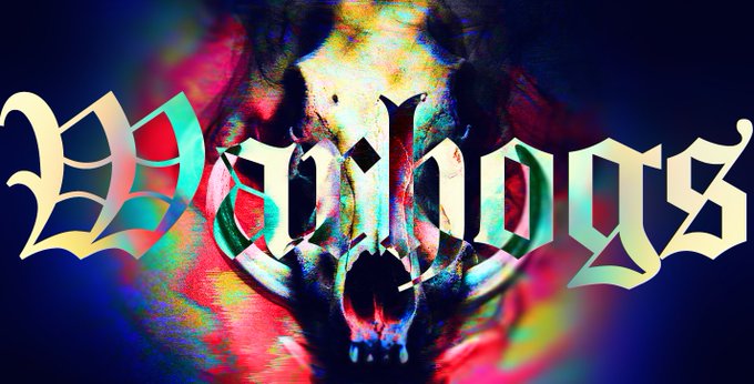 A psychedelic, glitch-style graphic featuring a skull or animal skull overlaid with the word "Wildos" in ornate Gothic blackletter font against vibrant red, yellow, and blue colors.