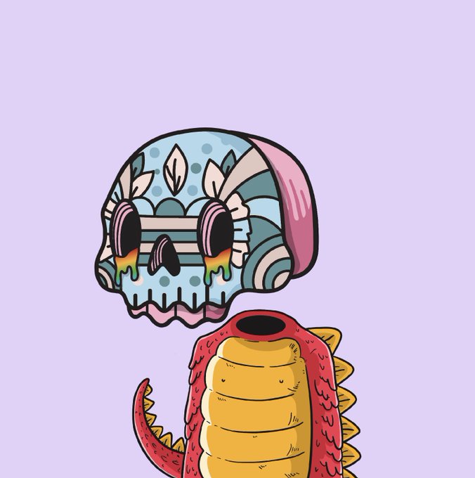 A colorful illustration shows a decorative sugar skull with blue, pink, and floral patterns featuring rainbow-colored tears dripping from its eye sockets, positioned above a red and yellow dragon-like tail.