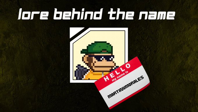 A pixel art character wearing a green cap and sunglasses with the text 'lore behind the name' at the top and a 'Hello my name is MARTINMORALES' name tag overlaid.