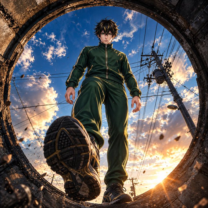An anime-style illustration depicts a character in a green tracksuit stepping forward through a circular concrete pipe, with power lines visible against a sunset sky.