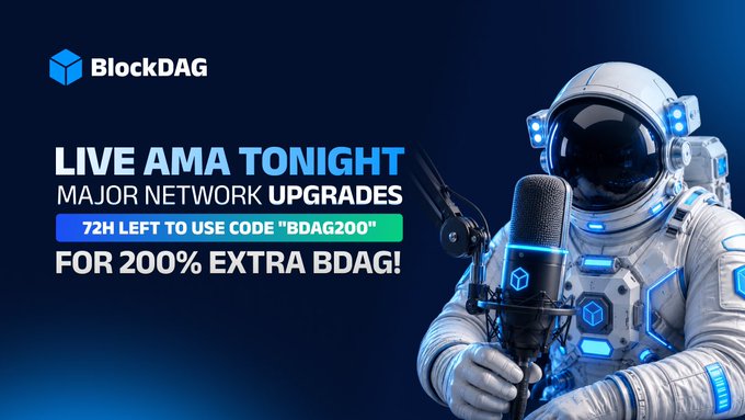 The image is a promotional graphic for BlockDAG featuring an astronaut in a futuristic white spacesuit speaking into a microphone, set against a dark blue background. It advertises a "LIVE AMA TONIGHT" event announcing major network upgrades, with a banner stating "72H LEFT TO USE CODE 'BDAG200' FOR 200% EXTRA BDAG!" alongside the BlockDAG logo, visually reinforcing the post's message of an exciting live announcement for the BDAG community.