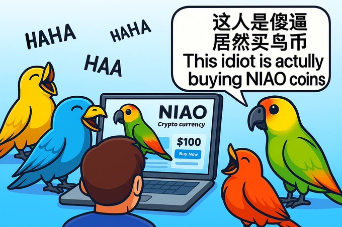 A person buys $NIAO "Crypto currency" for $100 on a laptop while colorful cartoon birds laugh with "HAHA" and a green parrot mocks them in a speech bubble saying "这人 是 傻逼 居然 买鸟币 / This idiot is actually buying NIAO coins." The image humorously illustrates the post's confident dollar-cost averaging of X Creator Revenue earnings ($133 + $15 top-up) into the "bird coin" $NIAO despite the mocking "idiot" label from skeptics.