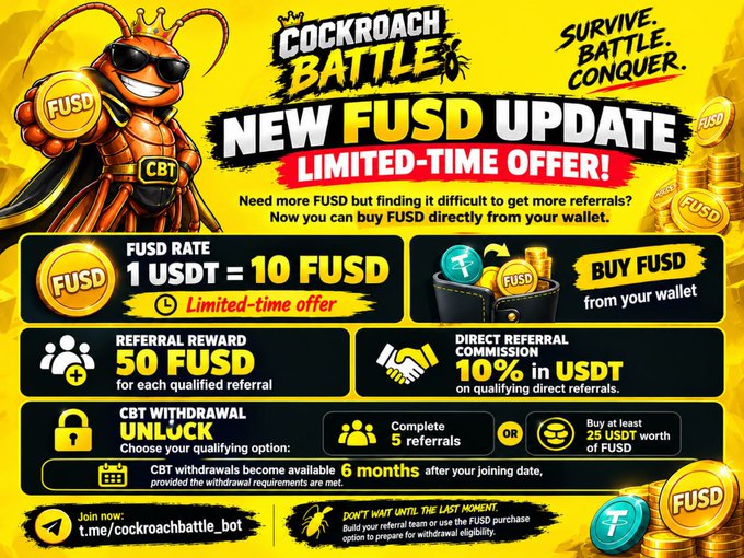 An advertisement for 'COCKROACH BATTLE' announces a 'NEW FUSD UPDATE' with offers including a rate of '1 USDT = 10 FUSD,' referral rewards, and withdrawal options.