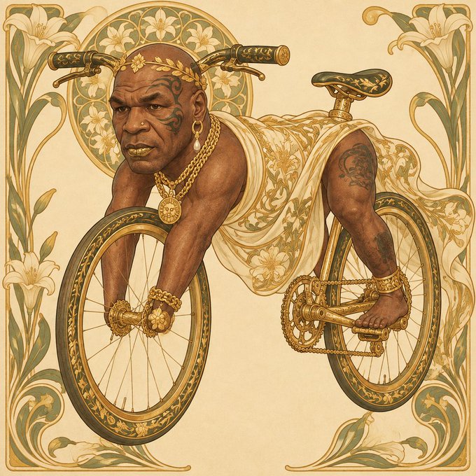 An Art Nouveau-style illustration in gold and cream tones depicting Mike Tyson riding a gold bicycle with floral and decorative borders.
