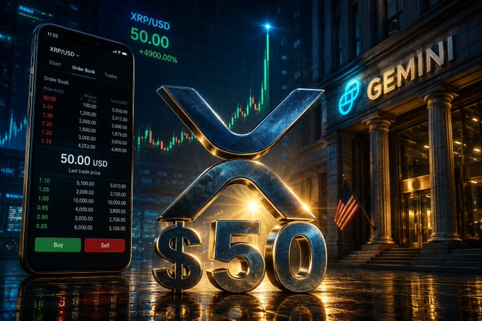 A smartphone displays the Gemini order book for XRP/USD with a trade price of $50, set against a backdrop featuring a large XRP logo, "$50" text, and the Gemini exchange building with an American flag. The image visually reinforces the narrative of an isolated XRP trade executed at $50 on Gemini in November 2023.