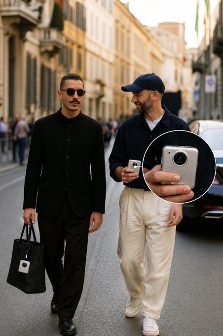 Two stylishly dressed men walking down a city street, with one in a black jacket carrying a tote bag and the other in a navy shirt and cream pants; a circular inset shows a hand holding a smartphone.