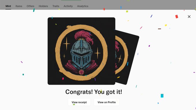 A digital collectible/NFT purchase confirmation screen showing a knight helmet card with the message 'Congrats! You got it!' along with options to 'View receipt' and 'View on Profile'.