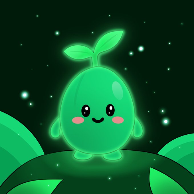 A cute cartoon green plant-like character with a smiling face, leaves on top, and a glowing outline standing on a green hill against a starry dark background.