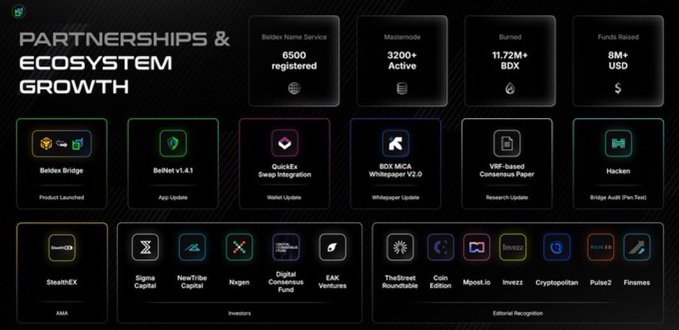 A presentation slide titled 'PARTNERSHIPS & ECOSYSTEM GROWTH' highlighting BNBx statistics: 8500 registered Name Service, 3200+ Active Masternodes, 11.72M+ BDX Burned, and $1M+ USD Funds Raised. It lists various partner logos including Bscscan, BeefNet, and Hacken.