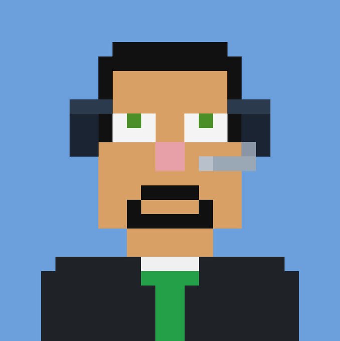 A pixel art portrait of a man with a mustache, green eyes, and a cigar in his mouth, wearing a black suit with a green tie against a solid blue background.