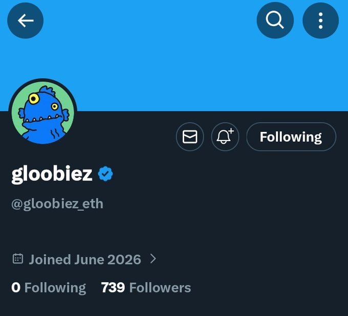 The image shows a Twitter profile page with a blue background, featuring a cartoon character of a fish or a monster. The profile has a blue header that says "Follow @gloobiez eth" and a blue footer displaying the number 739 followers. The text in the image suggests that the account might be related to an early find or a post about Xeeters, possibly involving a monster or a fish-like creature.