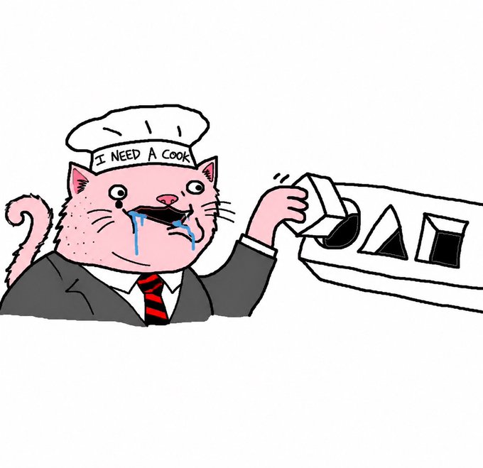 A cartoon illustration of a pink cat wearing a chef's hat labeled "I NEED A COOK" and a suit with red striped tie, drooling while being offered a tray of geometric shapes.