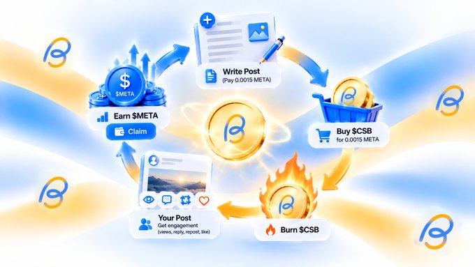 An infographic illustrating a token economy cycle with actions like 'Write Post', 'Earn $META', 'Buy $CSB', and 'Burn $CSB' represented by icons.