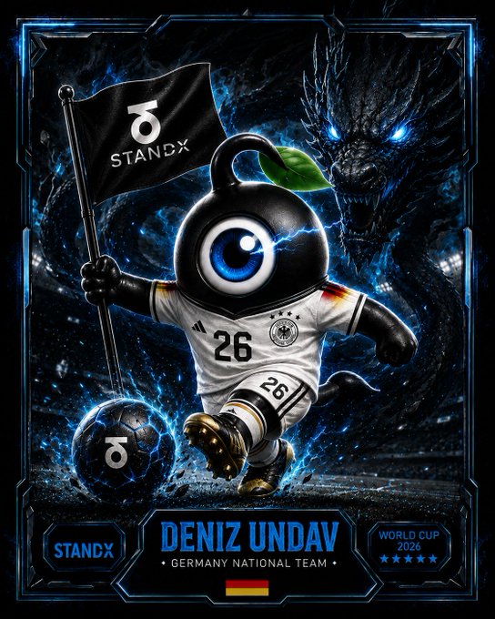 A fantasy trading card featuring Deniz Undav of the Germany National Team #26, depicted as a one-eyed bomb character holding a STANDX flag, with a dragon in the background, labeled World Cup 2026.